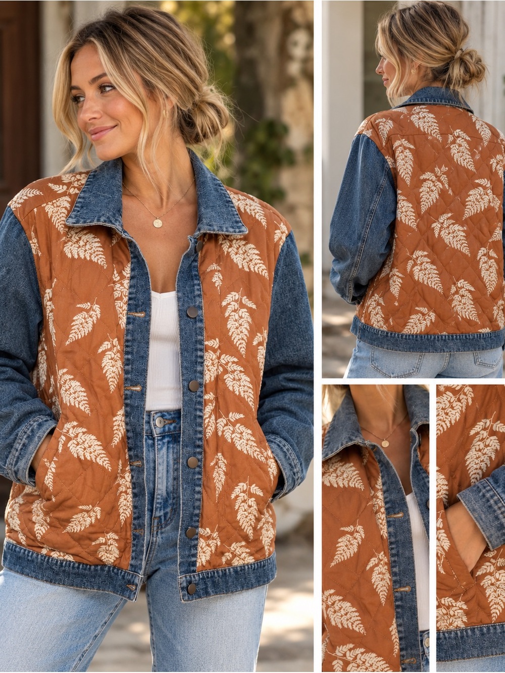 Böhme Quilted Fern Print Mixed Media Denim Jacket Size Large
